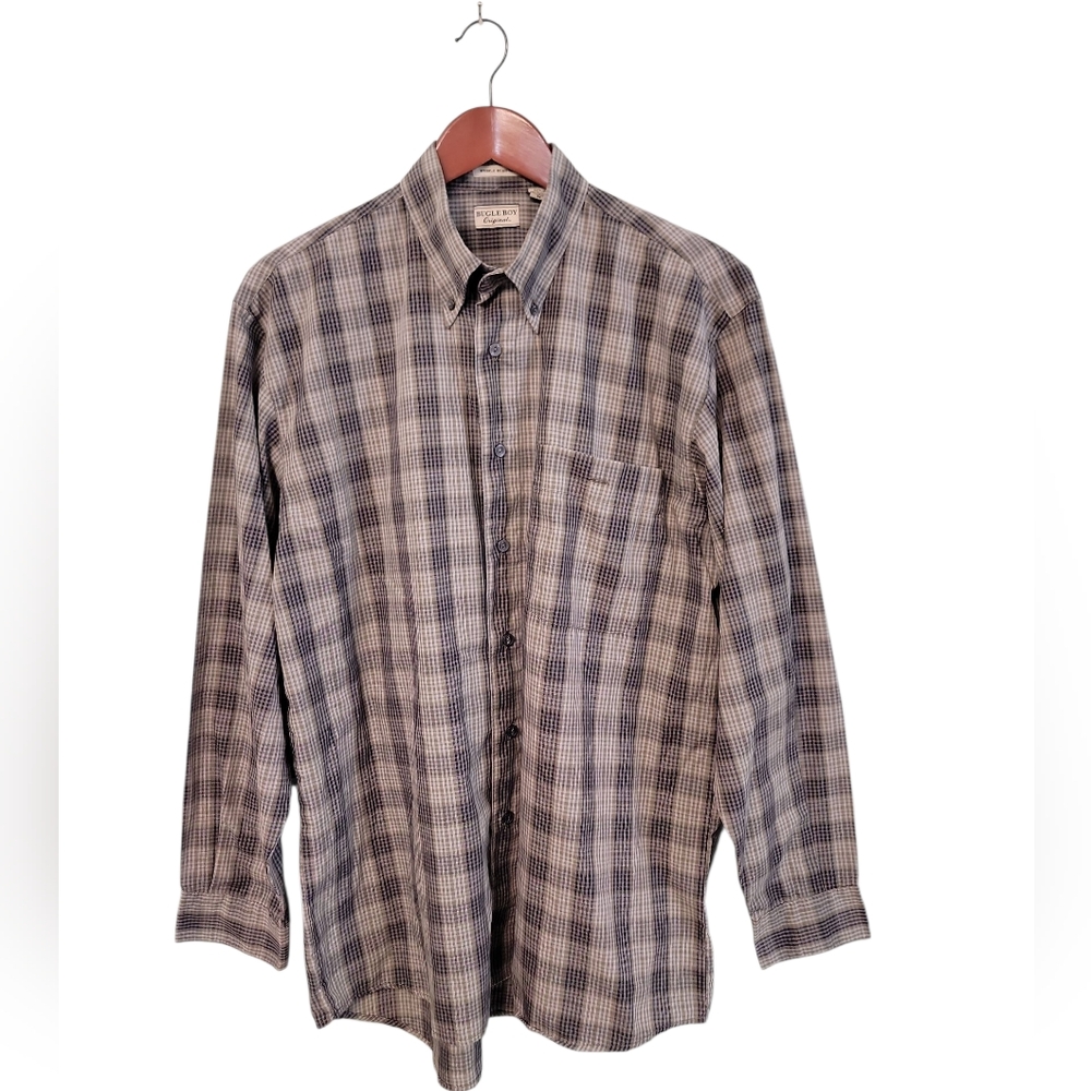 Vintage Bugle Boy Original Men's‎ Plaid Button-Up Shirt Size M Wrinkle Resistant